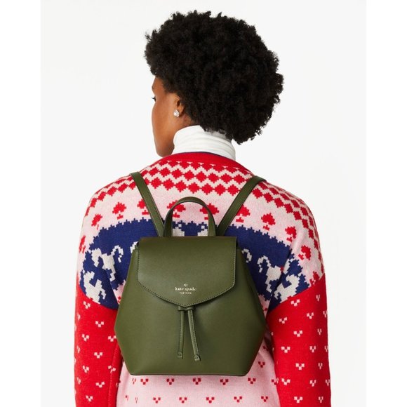 New Kate Spade Lizzie Saffiano Leather Medium Flap Backpack Enchanted Green - Picture 5 of 5